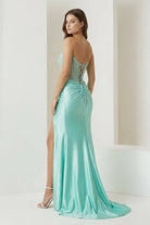 Ellison | Aqua - Mermaid Scoop Neck Satin Beaded Long Formal Prom Dresses With Slit - KissProm