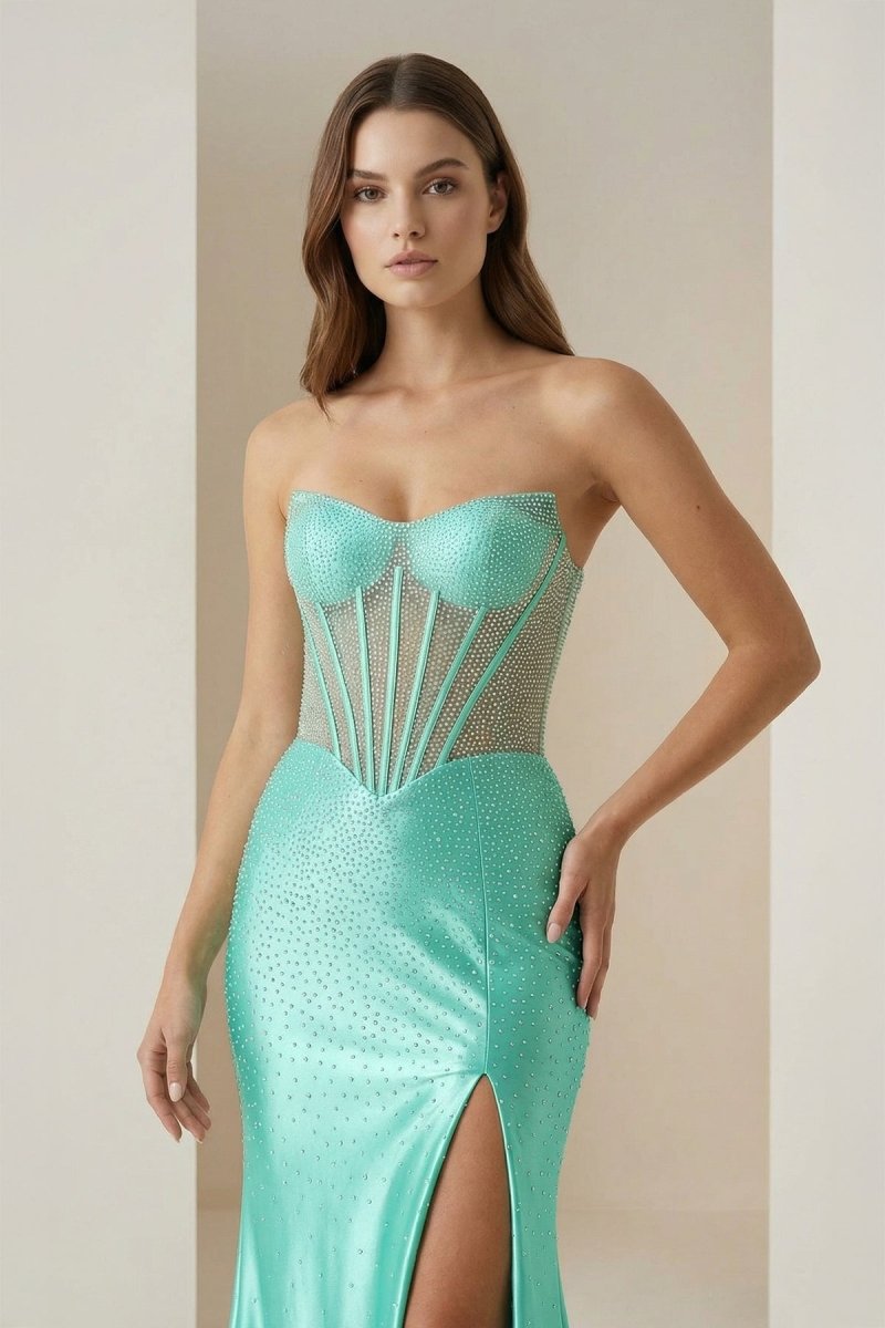 Ellison | Aqua - Mermaid Scoop Neck Satin Beaded Long Formal Prom Dresses With Slit - KissProm