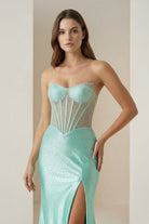 Ellison | Aqua - Mermaid Scoop Neck Satin Beaded Long Formal Prom Dresses With Slit - KissProm