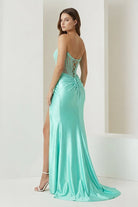 Ellison | Aqua - Mermaid Scoop Neck Satin Beaded Long Formal Prom Dresses With Slit - KissProm