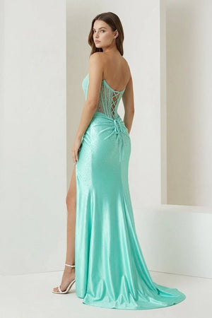 Ellison | Aqua - Mermaid Scoop Neck Satin Beaded Long Formal Prom Dresses With Slit - KissProm