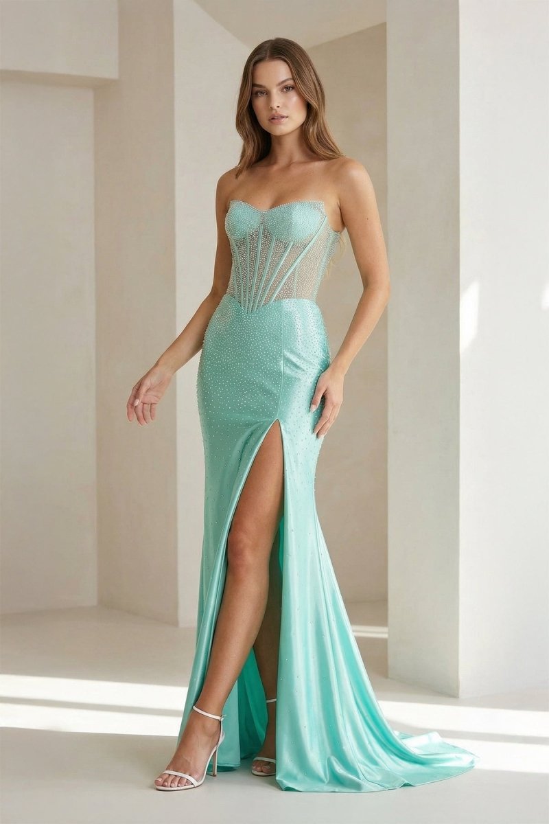 Ellison | Aqua - Mermaid Scoop Neck Satin Beaded Long Formal Prom Dresses With Slit - KissProm