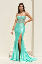 Ellison | Aqua - Mermaid Scoop Neck Satin Beaded Long Formal Prom Dresses With Slit - KissProm