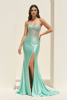 Ellison | Aqua - Mermaid Scoop Neck Satin Beaded Long Formal Prom Dresses With Slit - KissProm