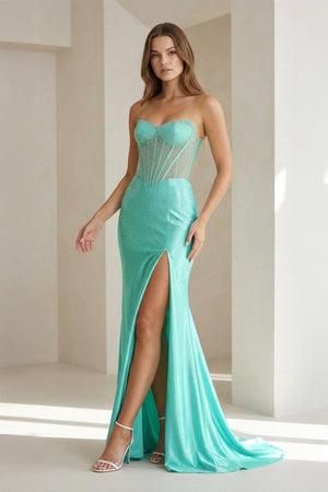 Ellison | Aqua - Mermaid Scoop Neck Satin Beaded Long Formal Prom Dresses With Slit - KissProm