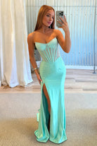 Ellison | Aqua - Mermaid Scoop Neck Satin Beaded Long Formal Prom Dresses With Slit - KissProm