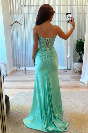 Ellison | Aqua - Mermaid Scoop Neck Satin Beaded Long Formal Prom Dresses With Slit - KissProm