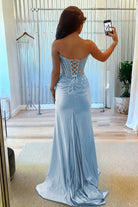 Ellison | Aqua - Mermaid Scoop Neck Satin Beaded Long Formal Prom Dresses With Slit - KissProm