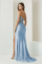 Ellison | Aqua - Mermaid Scoop Neck Satin Beaded Long Formal Prom Dresses With Slit - KissProm