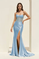 Ellison | Aqua - Mermaid Scoop Neck Satin Beaded Long Formal Prom Dresses With Slit - KissProm