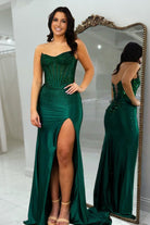 Ellison | Dark Green - Mermaid Scoop Neck Satin Beaded Long Formal Prom Dresses With Slit - KissProm