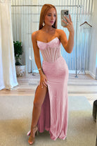 Ellison | Aqua - Mermaid Scoop Neck Satin Beaded Long Formal Prom Dresses With Slit - KissProm