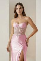 Ellison | Aqua - Mermaid Scoop Neck Satin Beaded Long Formal Prom Dresses With Slit - KissProm