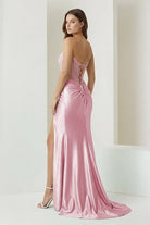 Ellison | Aqua - Mermaid Scoop Neck Satin Beaded Long Formal Prom Dresses With Slit - KissProm