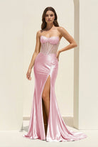 Ellison | Aqua - Mermaid Scoop Neck Satin Beaded Long Formal Prom Dresses With Slit - KissProm
