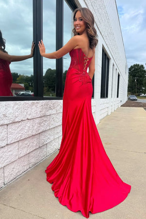 Ellison | Red - Mermaid Scoop Neck Satin Beaded Long Formal Prom Dresses With Slit -KissProm