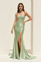 Ellison | Sage - Mermaid Scoop Neck Satin Beaded Long Formal Prom Dresses With Slit - KissProm