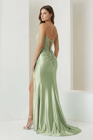 Ellison | Sage - Mermaid Scoop Neck Satin Beaded Long Formal Prom Dresses With Slit - KissProm