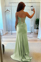 Ellison | Sage - Mermaid Scoop Neck Satin Beaded Long Formal Prom Dresses With Slit - KissProm