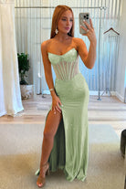 Ellison | Sage - Mermaid Scoop Neck Satin Beaded Long Formal Prom Dresses With Slit - KissProm