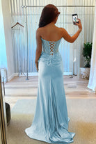 Ellison | Sky Blue - Mermaid Scoop Neck Satin Beaded Long Formal Prom Dresses With Slit - KissProm