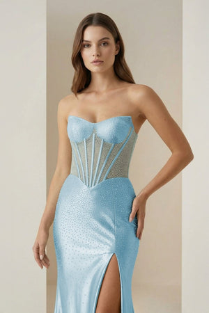 Ellison | Sky Blue - Mermaid Scoop Neck Satin Beaded Long Formal Prom Dresses With Slit - KissProm