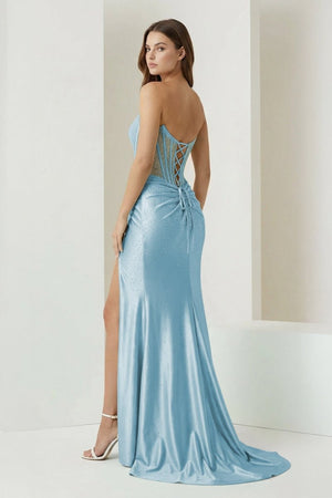Ellison | Sky Blue - Mermaid Scoop Neck Satin Beaded Long Formal Prom Dresses With Slit - KissProm
