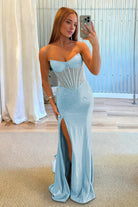 Ellison | Sky Blue - Mermaid Scoop Neck Satin Beaded Long Formal Prom Dresses With Slit - KissProm
