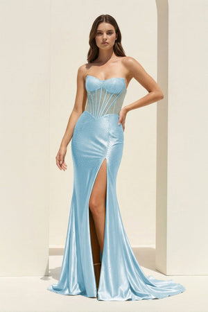 Ellison | Sky Blue - Mermaid Scoop Neck Satin Beaded Long Formal Prom Dresses With Slit - KissProm