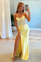 Ellison | Yellow - Mermaid Scoop Neck Satin Beaded Long Formal Prom Dresses With Slit - KissProm