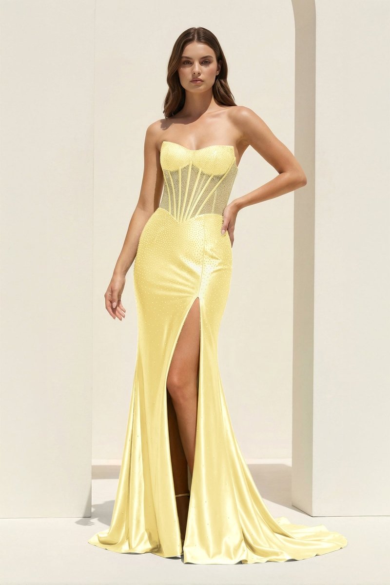 Ellison | Yellow - Mermaid Scoop Neck Satin Beaded Long Formal Prom Dresses With Slit - KissProm