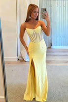 Ellison | Yellow - Mermaid Scoop Neck Satin Beaded Long Formal Prom Dresses With Slit - KissProm