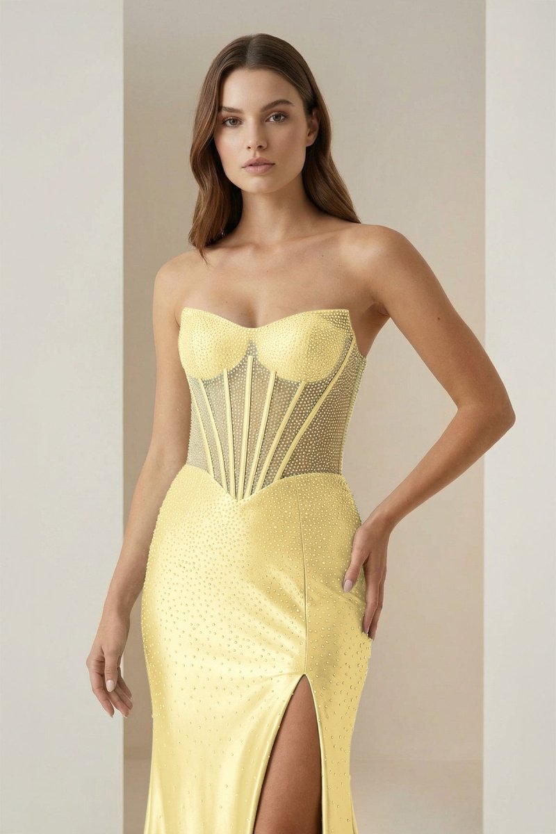 Ellison | Yellow - Mermaid Scoop Neck Satin Beaded Long Formal Prom Dresses With Slit - KissProm