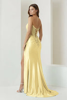 Ellison | Yellow - Mermaid Scoop Neck Satin Beaded Long Formal Prom Dresses With Slit - KissProm