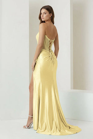 Ellison | Yellow - Mermaid Scoop Neck Satin Beaded Long Formal Prom Dresses With Slit - KissProm