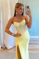 Ellison | Yellow - Mermaid Scoop Neck Satin Beaded Long Formal Prom Dresses With Slit - KissProm