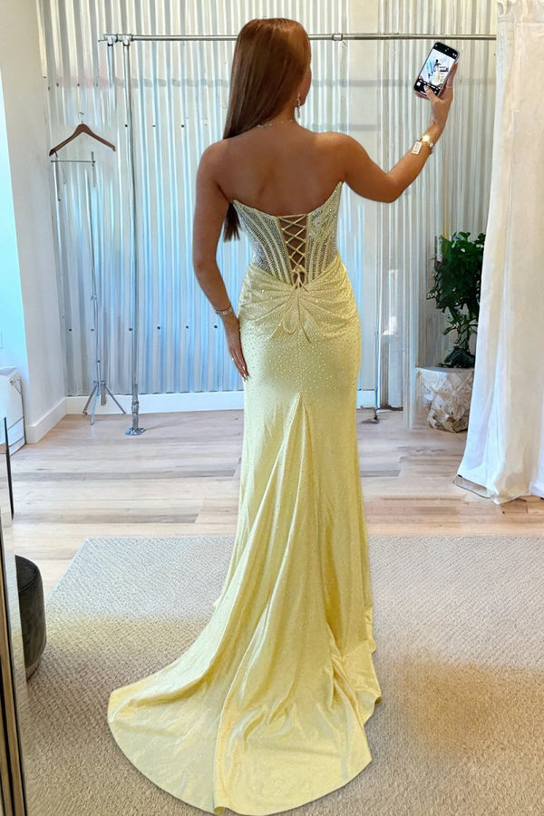 Ellison |Yellow - Mermaid Scoop Neck Satin Beaded Long Formal Prom Dresses With Slit - KissProm