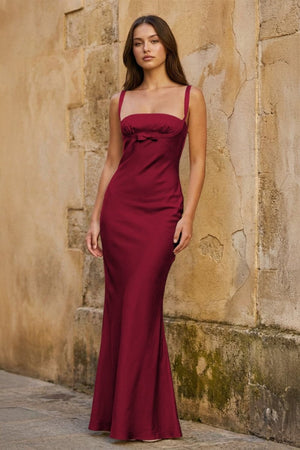 Burgundy Square Neck Mermaid Satin Long Prom Dresses With Bowknot - KissProm