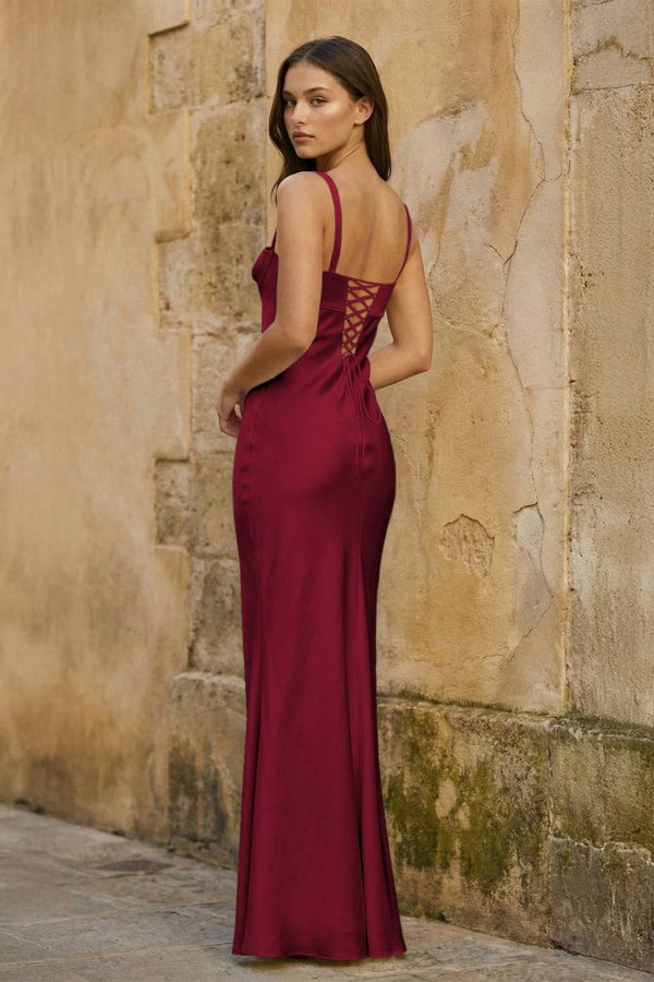 Burgundy Square Neck Mermaid Satin Long Prom Dresses With Bowknot - KissProm
