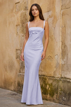 Lavender Square Neck Mermaid Satin Long Prom Dresses With Bowknot - KissProm