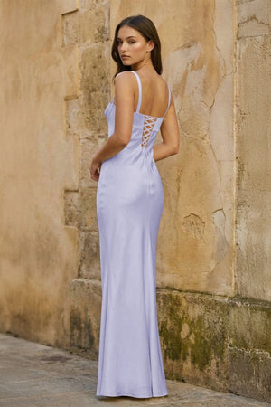 Lavender Square Neck Mermaid Satin Long Prom Dresses With Bowknot - KissProm