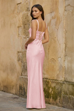 Pink Square Neck Mermaid Satin Long Prom Dresses With Bowknot - KissProm