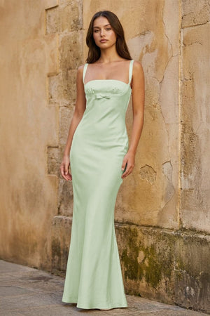 Sage Square Neck Mermaid Satin Long Prom Dresses With Bowknot - KissProm