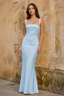 Sky Blue Square Neck Mermaid Satin Long Prom Dresses With Bowknot - KissProm
