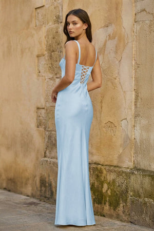 Sky Blue Square Neck Mermaid Satin Long Prom Dresses With Bowknot - KissProm