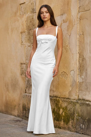 White Square Neck Mermaid Satin Long Prom Dresses With Bowknot - KissProm
