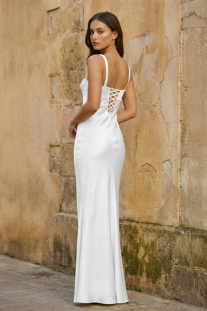 White Square Neck Mermaid Satin Long Prom Dresses With Bowknot - KissProm