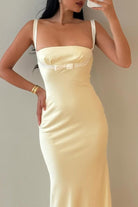 Ellora | Yellow - Square Neck Mermaid Satin Long Prom Dresses With Bowknot - KissProm