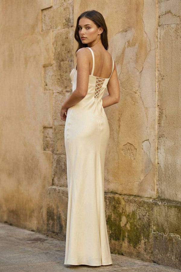 Yellow Square Neck Mermaid Satin Long Prom Dresses With Bowknot - KissProm