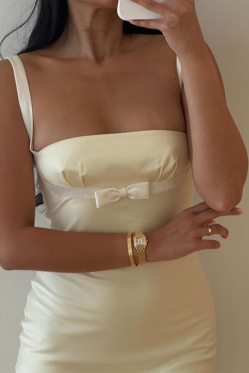 Ellora | Yellow - Square Neck Mermaid Satin Long Prom Dresses With Bowknot - KissProm